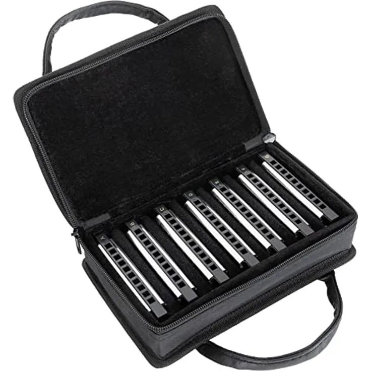 Classic Cantabile AHBS-7 Alabama Blues Harmonica 7er Mundharmonika Set - Diatonische Mundharmonikas in verschiedenen Stimmungen - 10 Messing Stimmzungen - Edelstahl-Gehäuse - Inkl. Etui & Pflegetuch