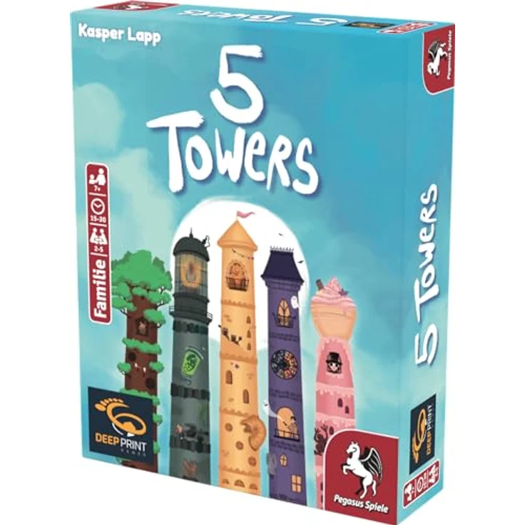Pegasus Spiele 57814G 5 Towers (Deep Print Games), Schnelles Kartenspiel mit detailreichen Karten, 5 verschiedene Türme bauen, Zusatzpunkte für Türme mit Spitze - Brettspiel – Bild 4