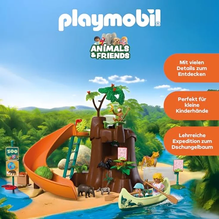 Playmobil Zoo - Zoo: Dschungel-Abenteuer, Spielset mit Baumstamm, Kanu und Tier-Informationskarten – Bild 3