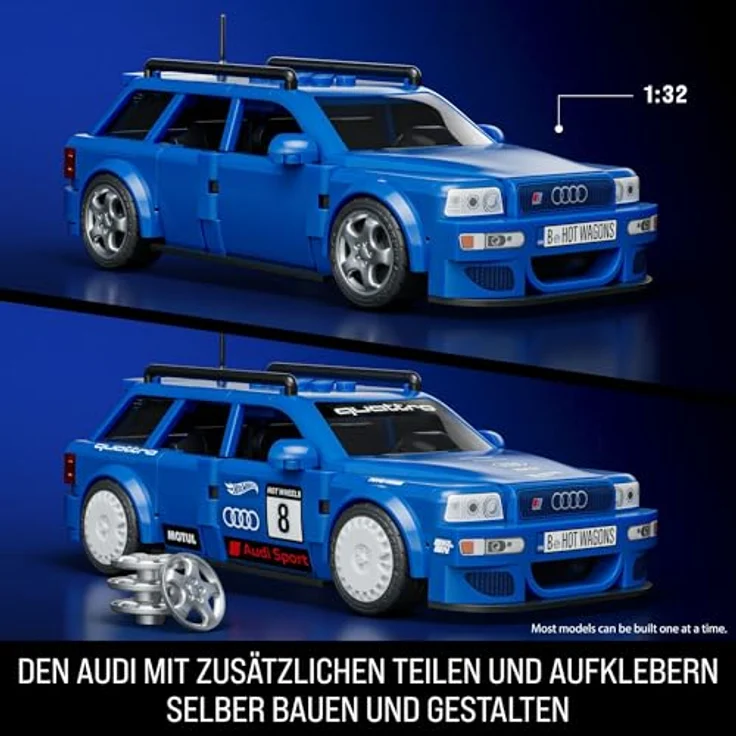 Mattel® Modellbausatz 94 Audi Avant RS2, Maßstab 1:32 mit Aufklebern, 2 Radkappen-Sets und Die-Cast-Auto – Bild 3