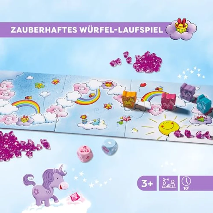 HABA Einhorn Glitzerglück Der Wolkenschatz, Sammelspiel für 2-4 Spieler ab 3 Jahren mit 60 glitzernden Wolkenkristallen und 4 Einhörnern – Bild 3