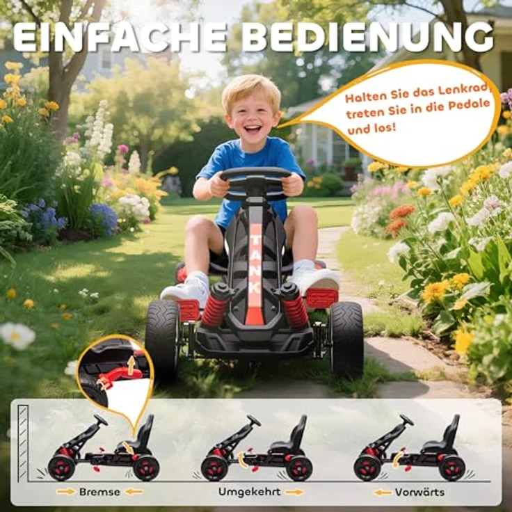 AIYAPLAY Go-Kart für Kinder 3-6 Jahre, mit Handbremse, automatischem Kupplungssystem, Vor- und Rückwärtsgang, rot – Bild 4