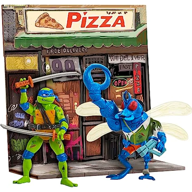 Playmates Teenage Mutant Ninja Turtles Leonardo vs. Super Fly, Actionfiguren 2er-Pack mit 12 Gelenkpunkten und Hintergrunddiorama, 11 cm und 10,8 cm – Bild 5
