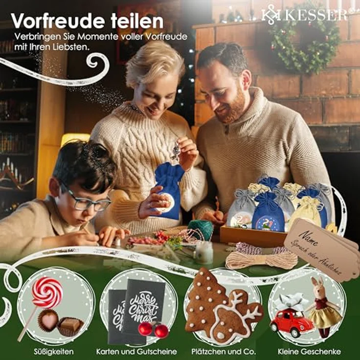 KESSER® Adventskalender zum Befüllen 24 Jutebeutel 16 x 12 cm Gedruckte Stoffbeutel Kinder Weihnachtskalender zum Selber Befüllen Inkl.. 24x Schildchen + 1 Großer Aufbewahrungsbeutel Stoff – Bild 5
