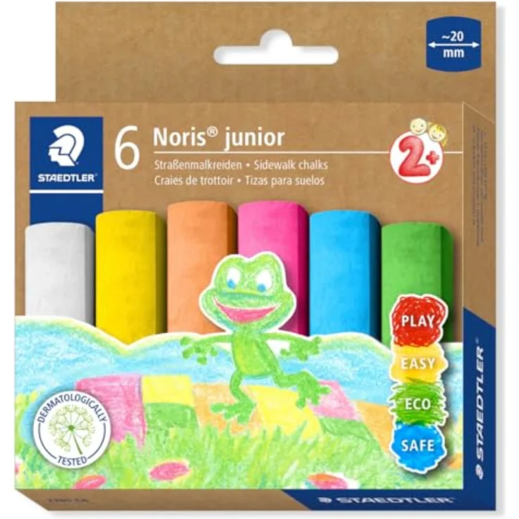 STAEDTLER Malkreide Noris Junior, 6er-Set Straßenmalkreide mit 20 mm Strichstärke, staubarm für Kinder ab 2 Jahren