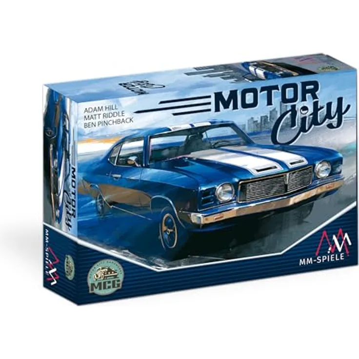 Huch & Friends Motor City, strategisches Roll & Write Spiel über Automobilfabriken im Detroit der 70er Jahre