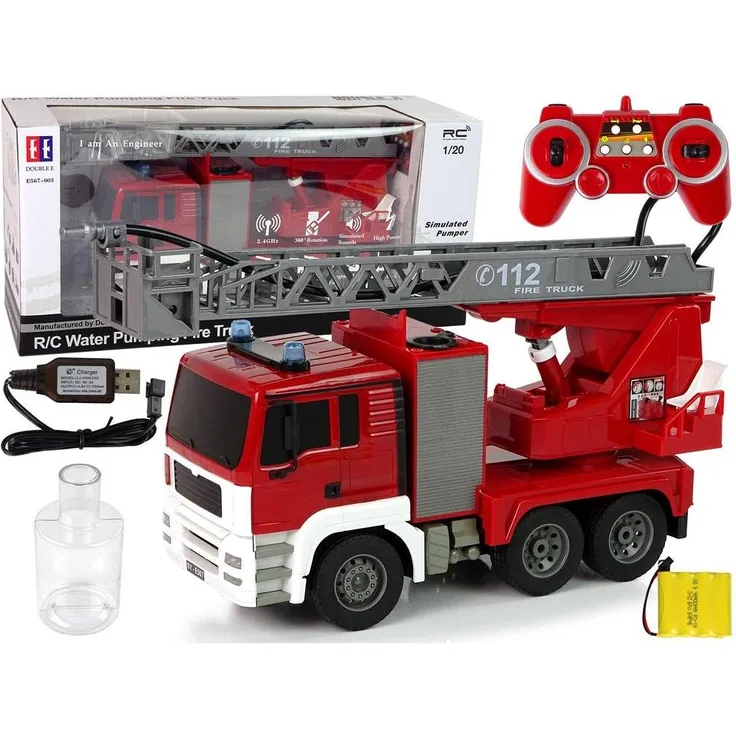 Lean Toys Ferngesteuerte Wasserleiter der Feuerwehr mit 360-Grad-Drehung und Wasserpumpe, rot
