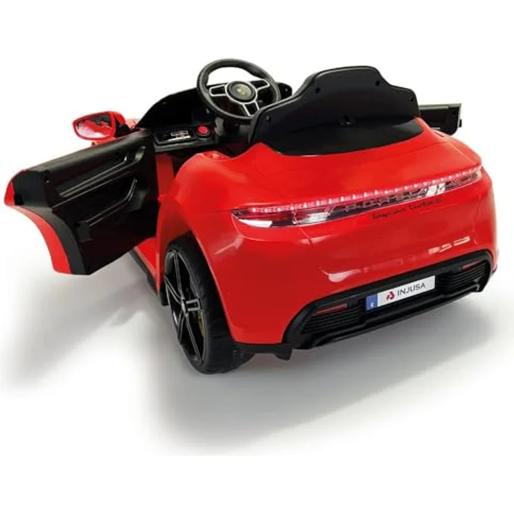 INJUSA - Elektroauto Porsche Taycan, 12V Batterie, LED Lichter, Geräusche, Rückwärtsgang, Fernbedienung, Rot – Bild 4