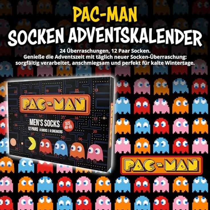 United Labels Pac-Man Adventskalender, 12 Paar Herrensocken Größe 40-45, Sneaker und lange Socken, offizielles Merchandise für Retro-Gaming-Fans – Bild 2