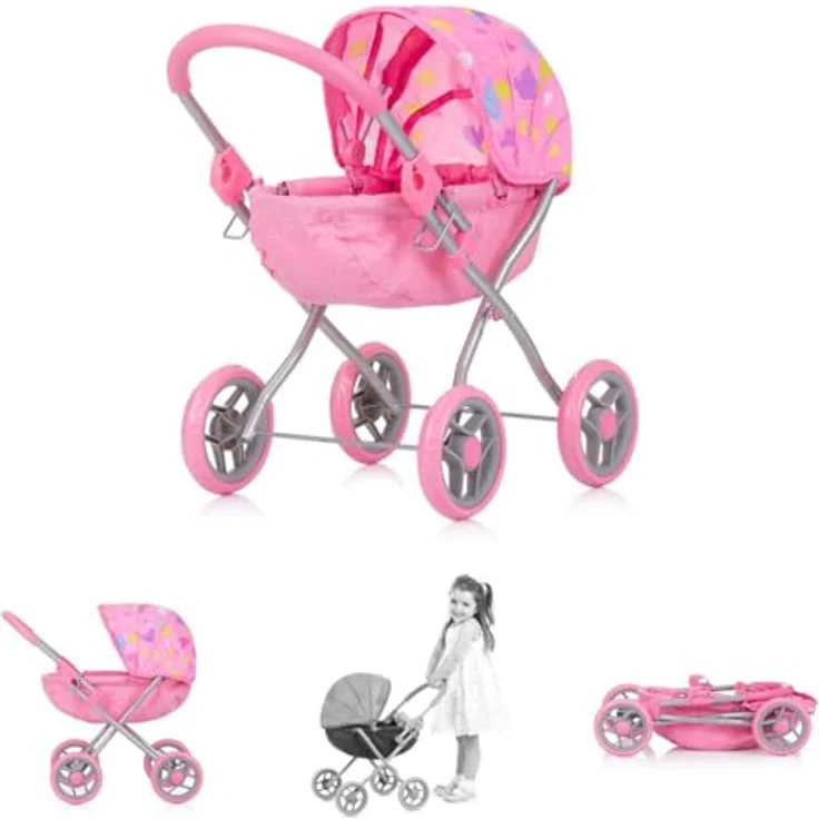 Chipolino Puppenwagen Daisy klappbar, Sonnendach, Vier große Räder, ab 3 Jahren, rosa – Bild 2