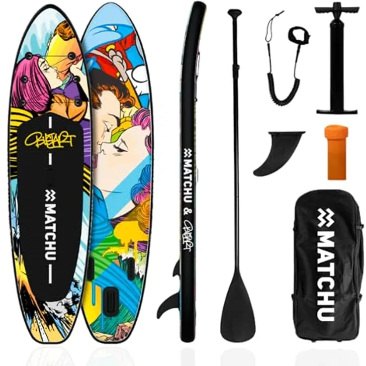 MATCHU Aufblasbares SUP Board - Paddelbrett, Limited Edition mit Zertifikat, Komplettset, 320x81x15 cm, belastbar bis 150 KG, Art Collection (BustArt Collection)