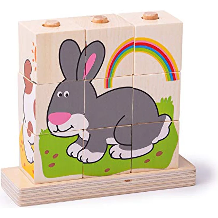 Bigjigs Wooden Block Puzzle Pets, 10-teiliges Holzpuzzle mit Katzen-, Hund-, Hamster- und Kaninchenmotiven, geeignet für Kinder ab 12 Monaten – Bild 2