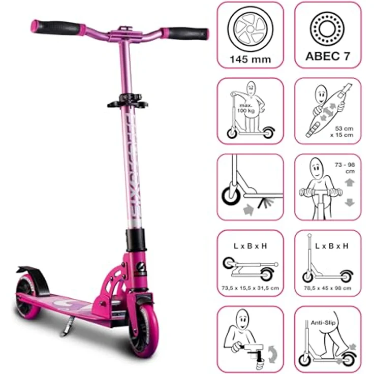 Authentic Sports Six Degrees Alu Scooter 145mm, pink, Junior Modell mit easy fold Klappmechanismus, höhenverstellbar, ABEC 7 Kugellager, max. Benutzergewicht 100 kg – Bild 2