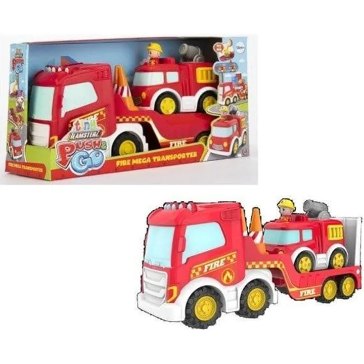 Teamsterz Tiny Push & Go Fire Transporte, Transporter-Spielzeugtruck mit Freilauf-Rädern und enthaltenem Fahrzeug für kreatives Rollenspiel