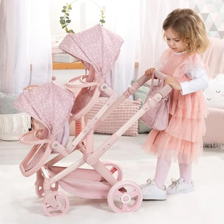 Bayer Design Zwillingspuppenwagen Twin XEO, Tandem Puppenwagen mit höhenverstellbarem Griff und Sonnendach, für Puppen bis 46 cm – Bild 5