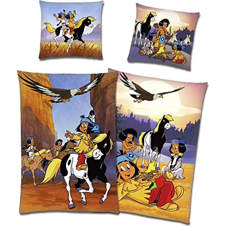 BERONAGE Yakari Wende-Bettwäsche Lagerfeuer 135 x 200 + 80 x 80 100% Baumwolle Biber-Flanell-Qualität mit YKK-Reißverschluss Kleiner Donner Regenbogen Dachs Großer Adler Kinderbettwäsche deutsche Größe in Flanell-Qualität aus 100% reiner Baumwolle, für optimales Schlafklima - blau