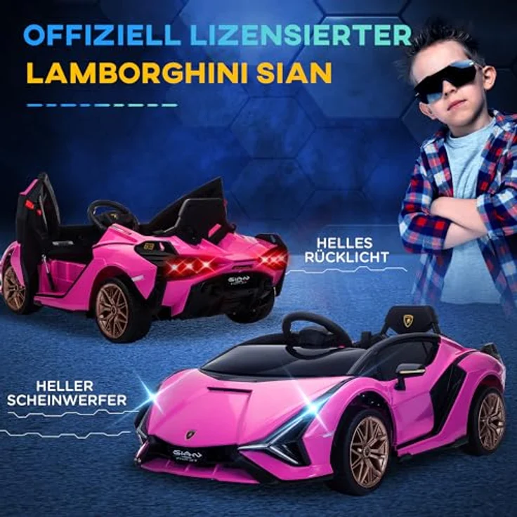 HOMCOM Lamborghini SIAN SUV-Elektroauto, 12V mit Fernbedienung, Musik (MP3/USB), LED-Lichtern, rosa, 108 x 62 x 40 cm, für Kinder 37-60 Monate – Bild 5