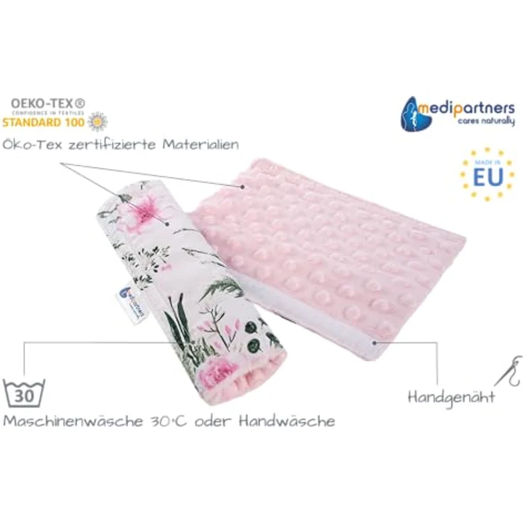 Gurtpolster Schulterpolster für Auto 17x22cm Baby 100% Baumwolle Minky Medi Partners doppelseitig Autogurt Gurtschutz Sportwagen scheuerstellen (Blument mit hellrosa Minky) – Bild 3