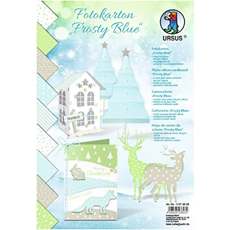 Ursus Fotokarton 11374699, Frosty Blue, DIN A4, 300 g/qm, beidseitig bedruckt, 9 Blatt in 9 Motiven, aus Frischzellulose, ideal für Papierkunstwerke