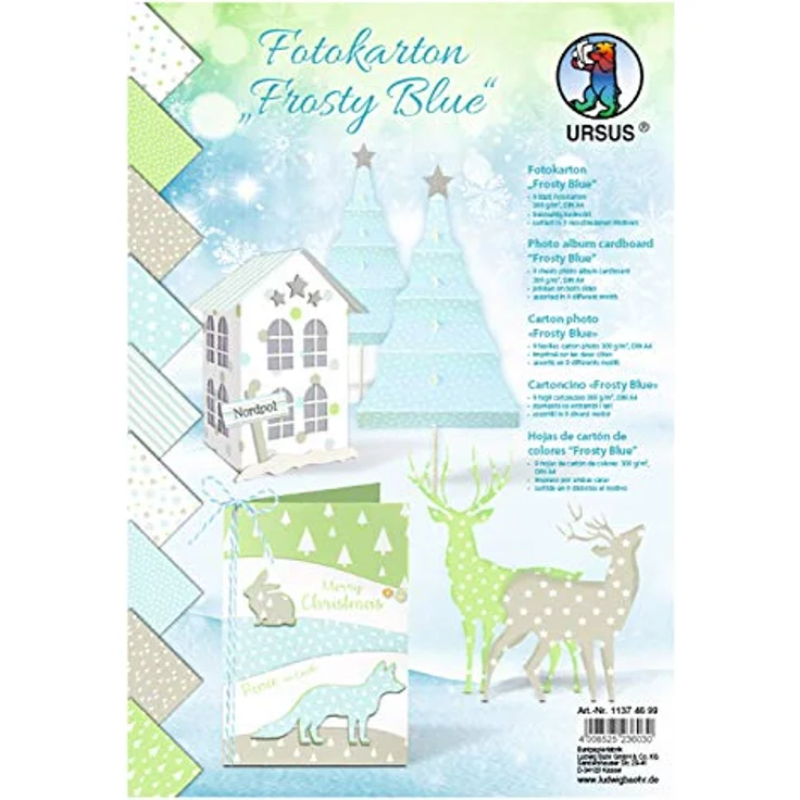 Ursus Fotokarton 11374699, Frosty Blue, DIN A4, 300 g/qm, beidseitig bedruckt, 9 Blatt in 9 Motiven, aus Frischzellulose, ideal für Papierkunstwerke – Bild 1