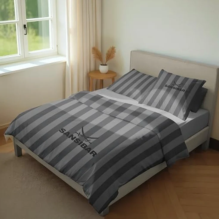 Sansibar Bettwäsche Set Modern Stripe, 100% Baumwolle, hautfreundlich & pflegeleicht, Streifen Design mit Schatteneffekt, Grau, ca. 80x80 / 155x220 cm – Bild 2
