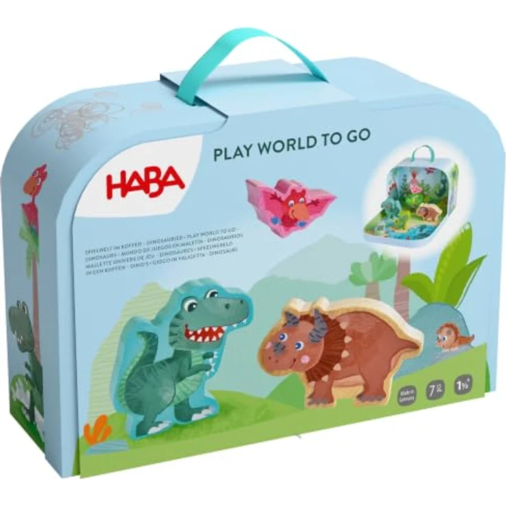 HABA Dinosaurier Spielwelt, Kompakter Spielkoffer mit 6 liebevoll gestalteten Dino-Figuren aus Holz, ideal für fantasievolles Rollenspiel – Bild 1