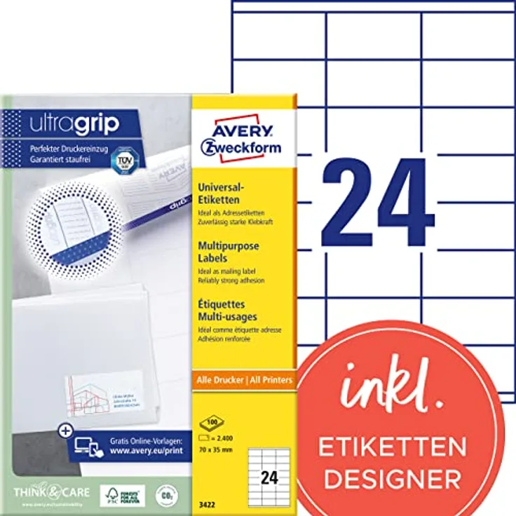 AVERY Zweckform 3422 Adressaufkleber (2.400 Klebeetiketten, 70x35mm auf A4, Papier matt, bedruckbare Absenderetiketten, selbstklebende Adressetiketten mit ultragrip) 100 Blatt, weiß - Preisvergleich