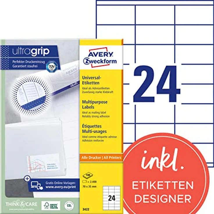 AVERY Zweckform 3422 Adressaufkleber (2.400 Klebeetiketten, 70x35mm auf A4, Papier matt, bedruckbare Absenderetiketten, selbstklebende Adressetiketten mit ultragrip) 100 Blatt, weiß - Preisvergleich – Bild 1
