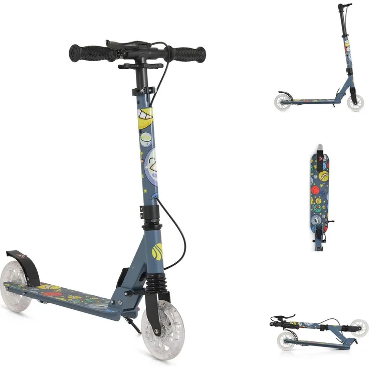 Byox Kinderroller Snazzy, faltbar mit Hinterradbremse, Seitenständer und LED-Rädern, max. 100 kg, grau