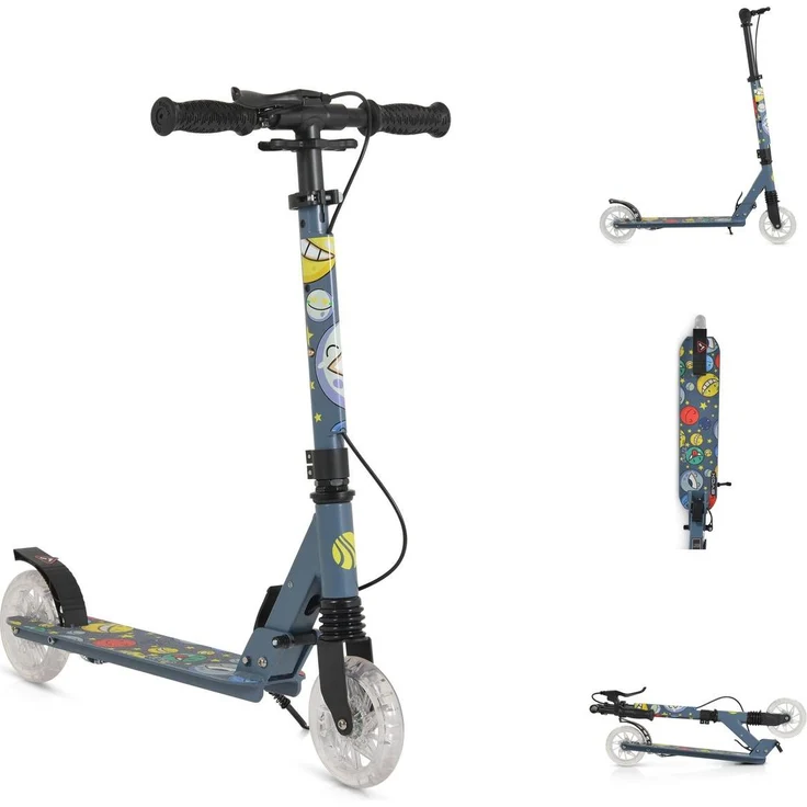 Byox Kinderroller Snazzy, faltbar mit Hinterradbremse, Seitenständer und LED-Rädern, max. 100 kg, grau
