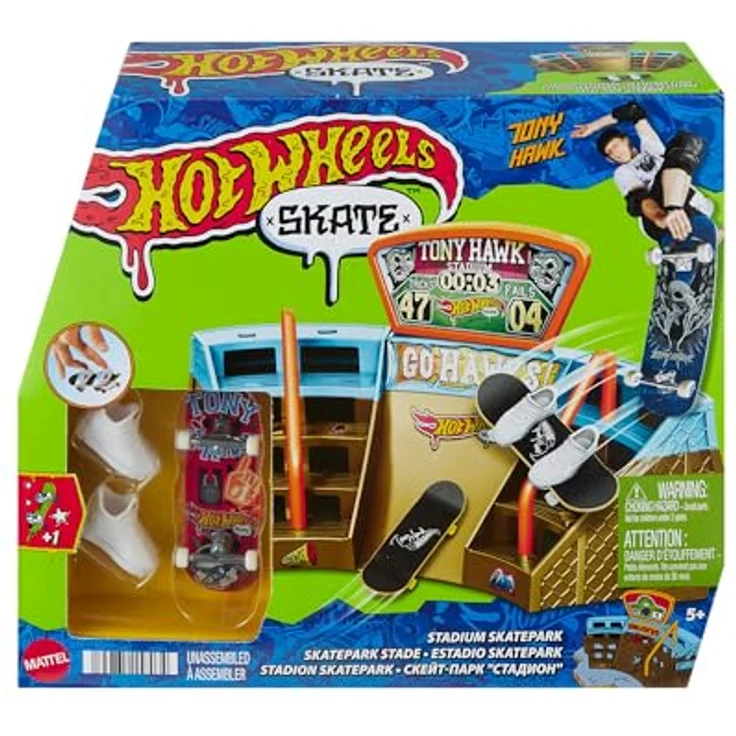 Hot Wheels Skate Stadion-Set mit exklusivem Fingerboard, das in Zusammenarbeit mit Tony Hawk entworfen wurde, 1 Paar abnehmbare Skate-Schuhe, Spielzeugaufbewahrung für Finger-Skateboards - HPG34 – Bild 2