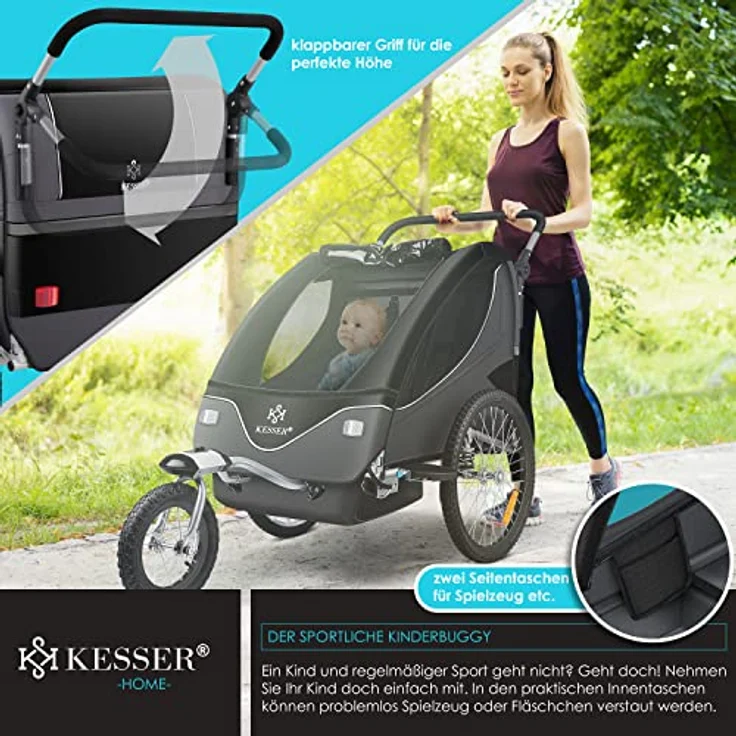 KESSER® Cruiser Kinderanhänger Fahrradanhänger 360° Drehbar mit Federung 2in1 Joggerfunktion Kinderfahrradanhänger + 5-Punkt Gurt Jogger Fahrrad Anhänger für 1 bis 2 Kinder max. 40kg Schwarz / Anthrazit – Bild 7