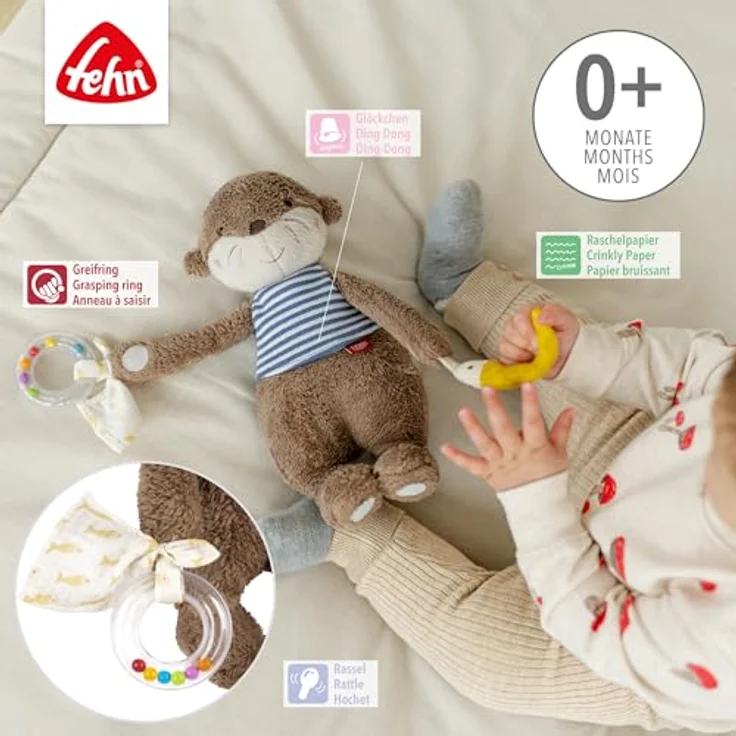 Fehn Greifspielzeug Otter Theo, Activity-Otter mit Rasselring und Glöckchen, zur Befestigung an Kinderwagen, Babyschale oder Bett, für Babys ab 0 Monaten – Bild 3