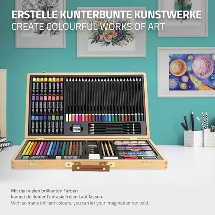 ECD Germany Malkoffer Kreativset 109-teilig, mit Ölpastellkreiden, Buntstiften, Wasserfarben und Zubehör, Holz, braun – Bild 6