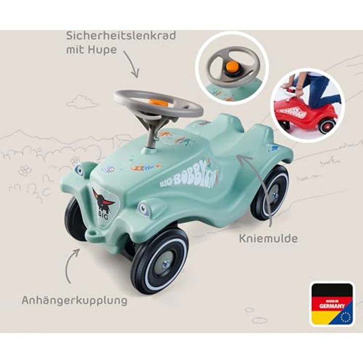 BIG Bobby Car Classic Green Sea - Rutschauto ab 1 Jahr im bunten Meeres-Design mit grauem Sicherheits-Lenkrad und Hupe, für Kinder von 1-5 Jahre (bis 50 kg), salbei mit Aufklebern – Bild 4