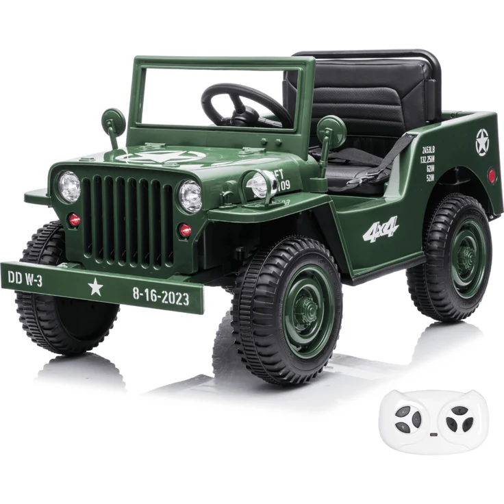 Kijana Willys Elektro-Armeeauto für Kinder 12V - Grün, mit 2 Motoren, Soft-Start-Funktion, MP3-Player und elterlicher Fernbedienung