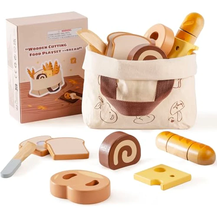 ROBOTIME Holz-Brot-Schneideset für Kinder - Realistisches Bäckereispielzeug mit Holz-Brot, Käse, Bagel & Zubehör, Montessori-Lernspielzeug mit praktischer Tragetasche – Bild 1