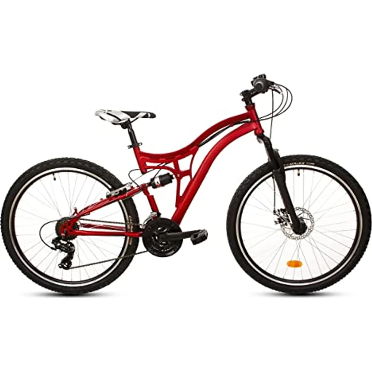 26 Zoll Kinder Jungen Mädchen Jugend Jungendfahrrad Herren Damen Fahrrad Kinderfahrrad Mountainbike MTB Rad Bike Vollfederung Vollgefedert Fully 21 Shimano Gang Scheibenbremse Mechanisch Tough ROT