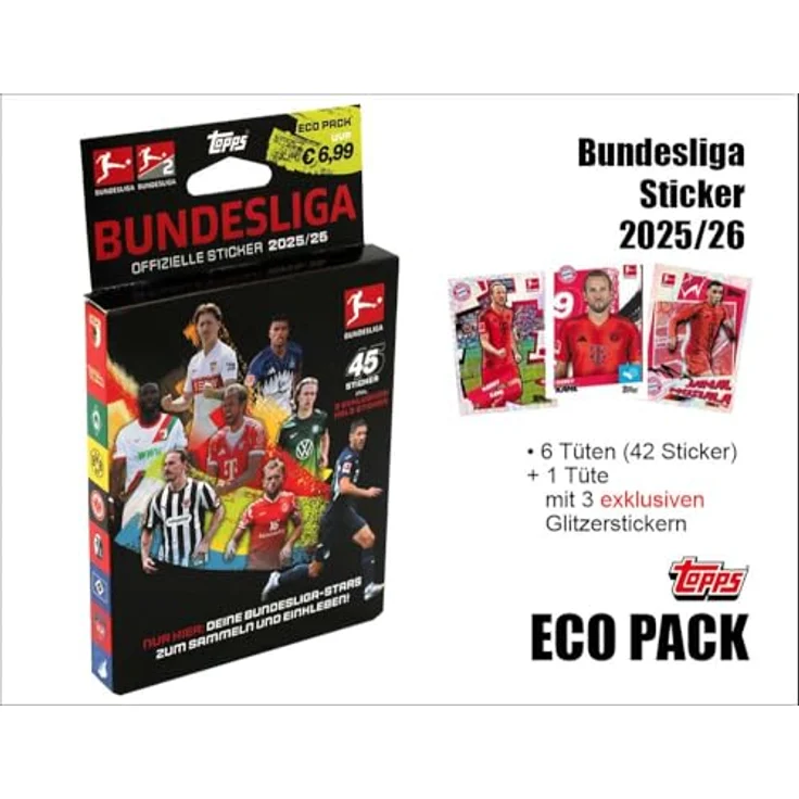 Topps Bundesliga 2025/26 Sticker Collection Eco Pack, Blister mit 6 Tüten und 3 exklusiven Glitzerstickern – Bild 3