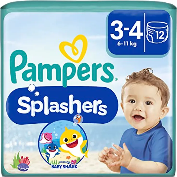 Pampers Schwimmwindeln Splashers Gr. 3-4 (6-11 kg), 12er Pack x 8, mit doppelten Beinbündchen und wasserinspirierten Motiven
