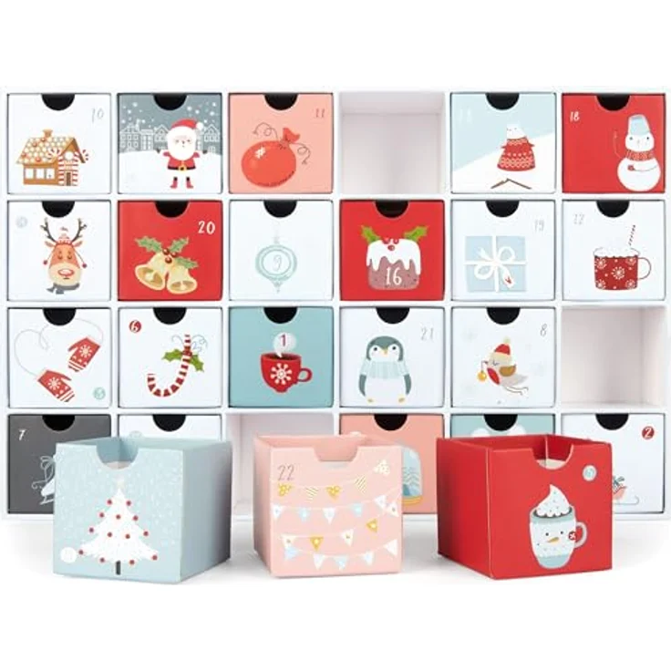BRUBAKER Adventskalender zum Befüllen - Sweet Chistmas 2024 - DIY Weihnachtskalender aus Pappe, 39 cm groß, für Gutscheine und Süßigkeiten in Weiß, Rot und Blau – Bild 3