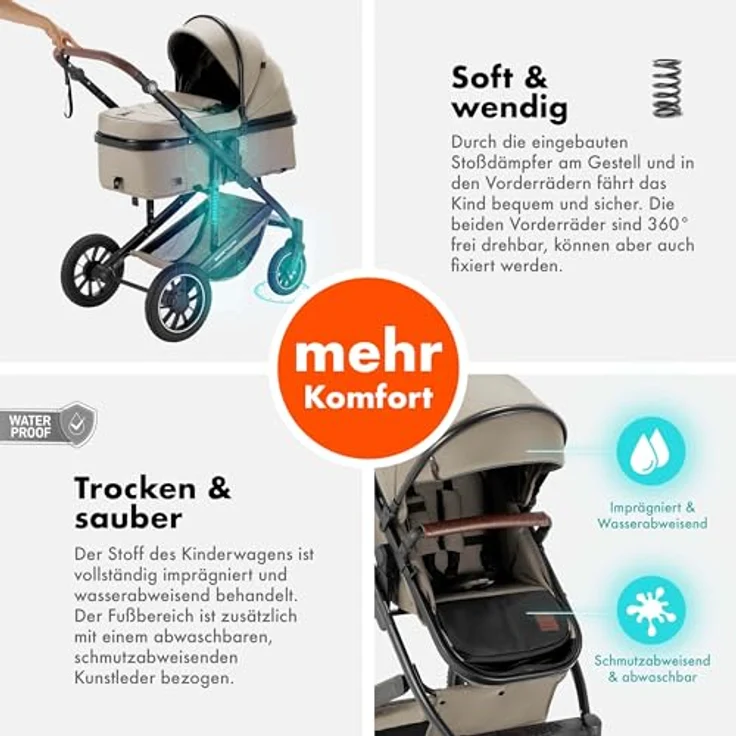 Daliya FLEXI-PRO M 2in1 Kombikinderwagen, klappbar mit Liegefunktion, höhenverstellbar, abnehmbarer Babywanne und großem Einkaufskorb, Beige Leinen – Bild 5