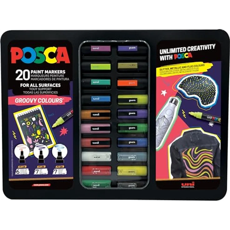 POSCA Uni-Ball 186832 Marker Set Groovy Colours, 20 Acrylstifte im Etui mit hoher Deckkraft und vielseitiger Nutzung auf verschiedenen Oberflächen – Bild 1