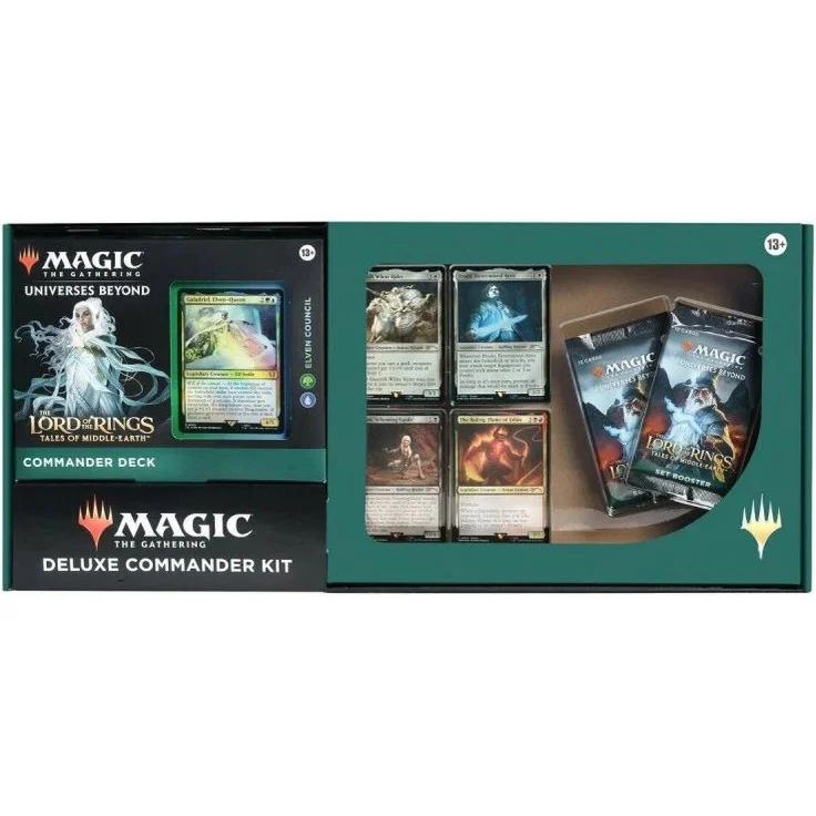 Magic The Gathering TCG The Lord Of The Rings Elven Council Deluxe Commander Kit, mit 4 Foil-Promokarten und 2 Set Boosters, beschädigt