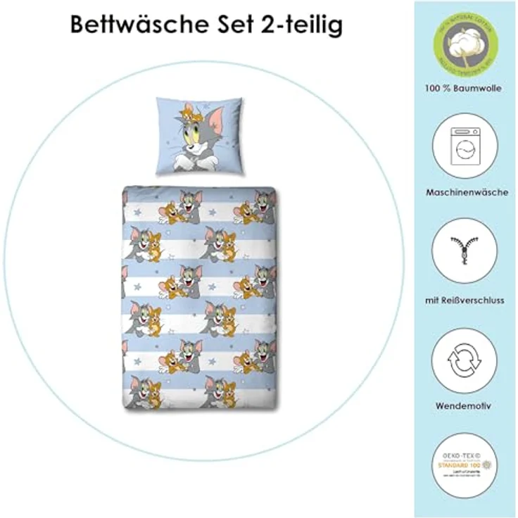 Tom und Jerry CHASE Bettwäsche Set 80 x 80 cm 135 x 200cm 100% Baumwolle – Bild 3