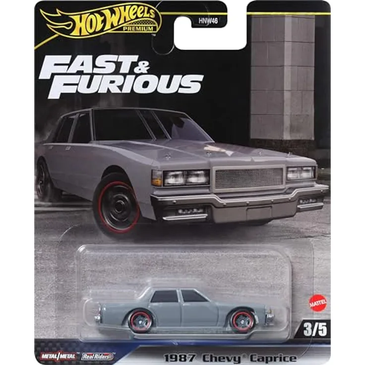 Hot Wheels 1987 Chevy Caprice HRT98, Modellfahrzeug im Maßstab 1:64 mit Metall-Karosserie und Real Riders-Reifen, Fast & Furious Edition