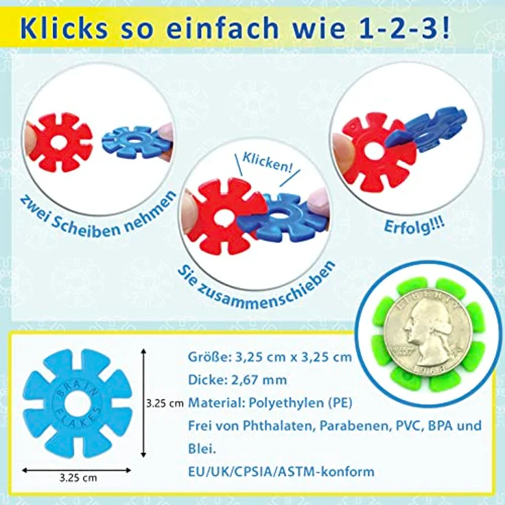 Brain Flakes 500er-Set, Ineinandergreifendes Kunststoff-Scheibenspielzeug für kreatives Bauen, Mint, ab 3 Jahren, ungiftig, inkl. Ideenheft und Online-Ressourcen – Bild 5