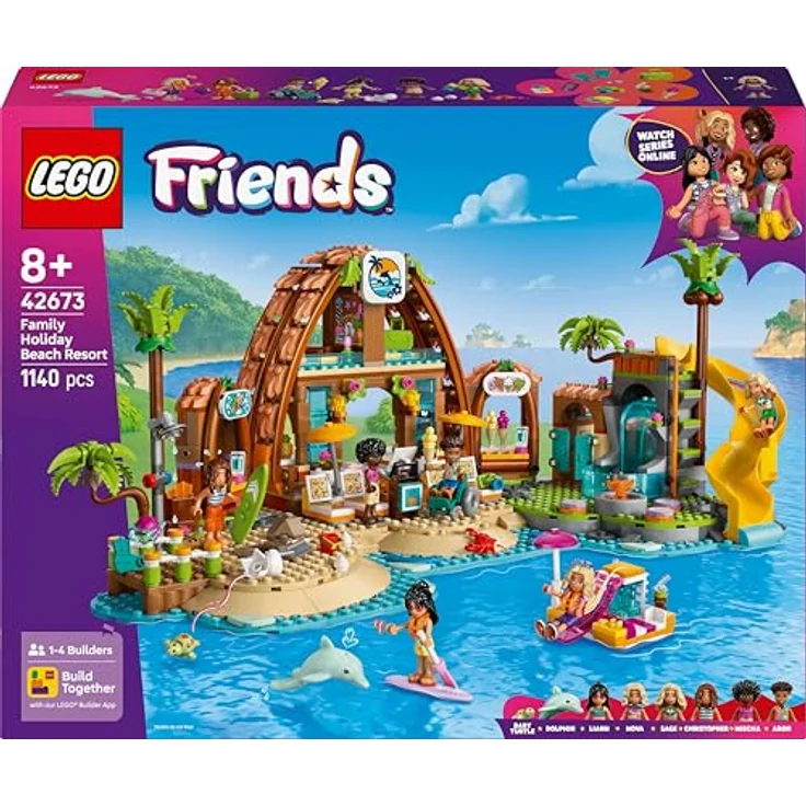 LEGO Friends 42673 Familienurlaub im Strandresort Bausatz, inkl. 6 Minifiguren, Delfin und Schildkröte, 1140 Teile, Mehrfarbig – Bild 9