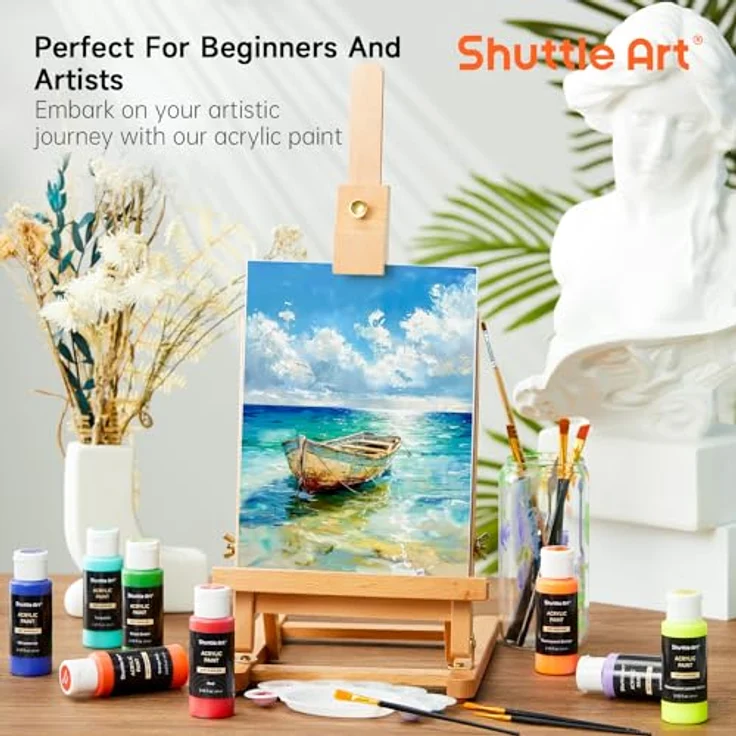 Shuttle Art Acrylfarben Set 36 Farben in 60ml Flaschen mit 12 Pinseln & 1 Palette, ungiftig, wasserfest, vielseitig für Leinwand, Holz, Stein – Bild 5