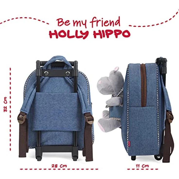 PERLETTI Plüschtier Kindergepäck Rucksack für Kinder - Abnehmbare Räder - 28x32x11 cm (Nilpferd) – Bild 2